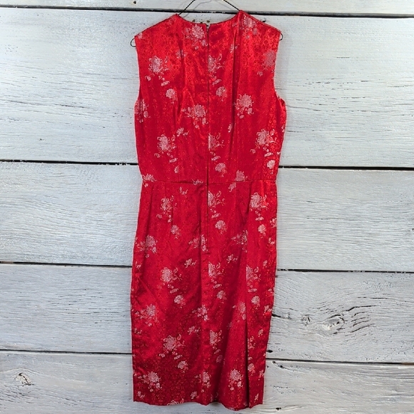 Handmade Red Floral Brocade Dress Sleeveless Midi Asian Inspired - Picture 3 of 6